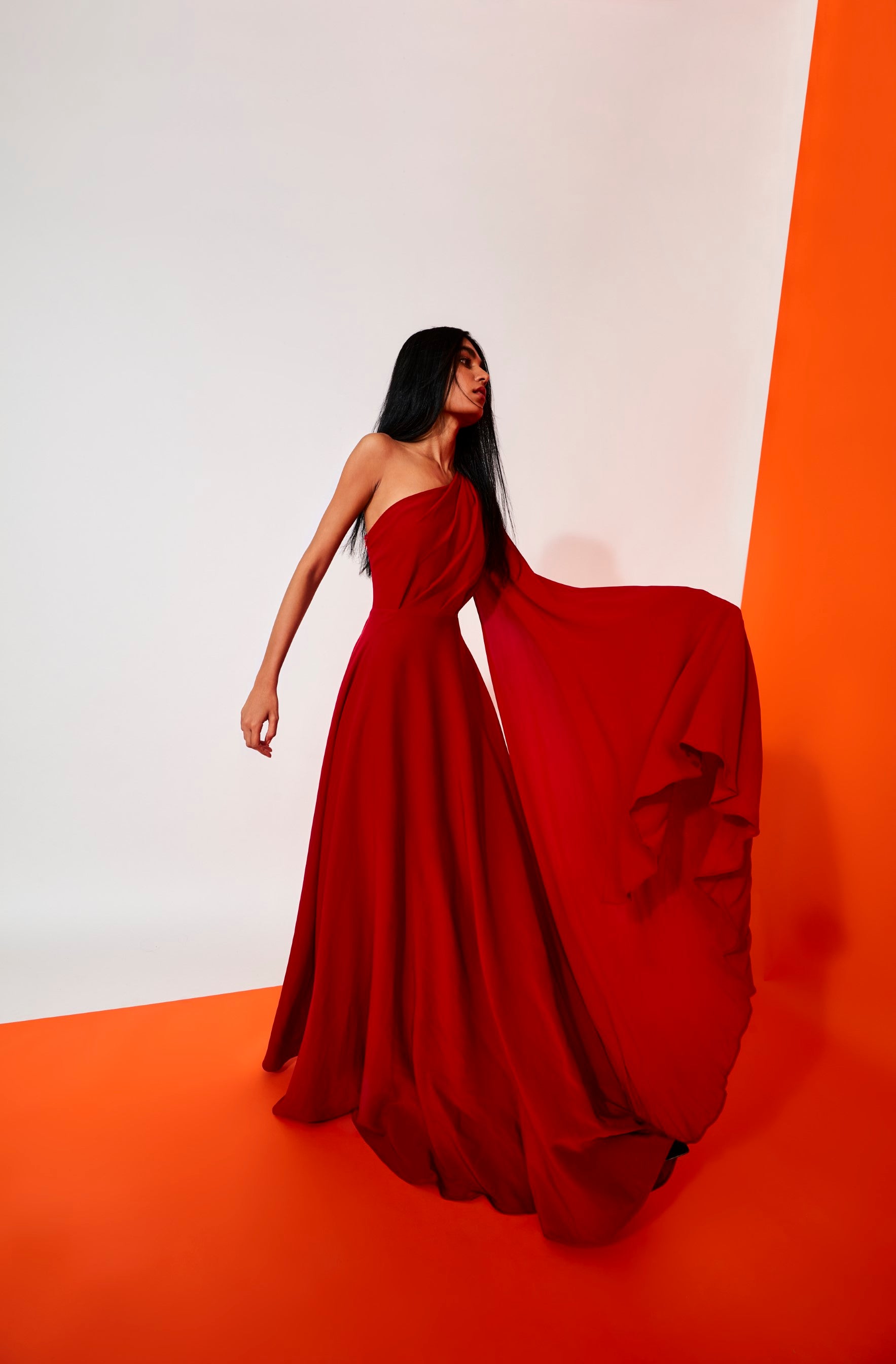 The Rouge Flare Gown with Asymmetrical Sleeve The Rouge Flare Gown with Asymmetrical Sleeve