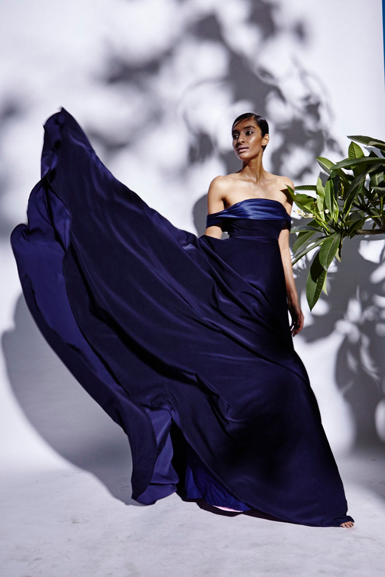 Midnight Blue Drop Shoulder Gown