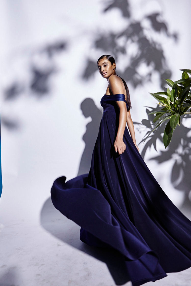 Midnight Blue Drop Shoulder Gown