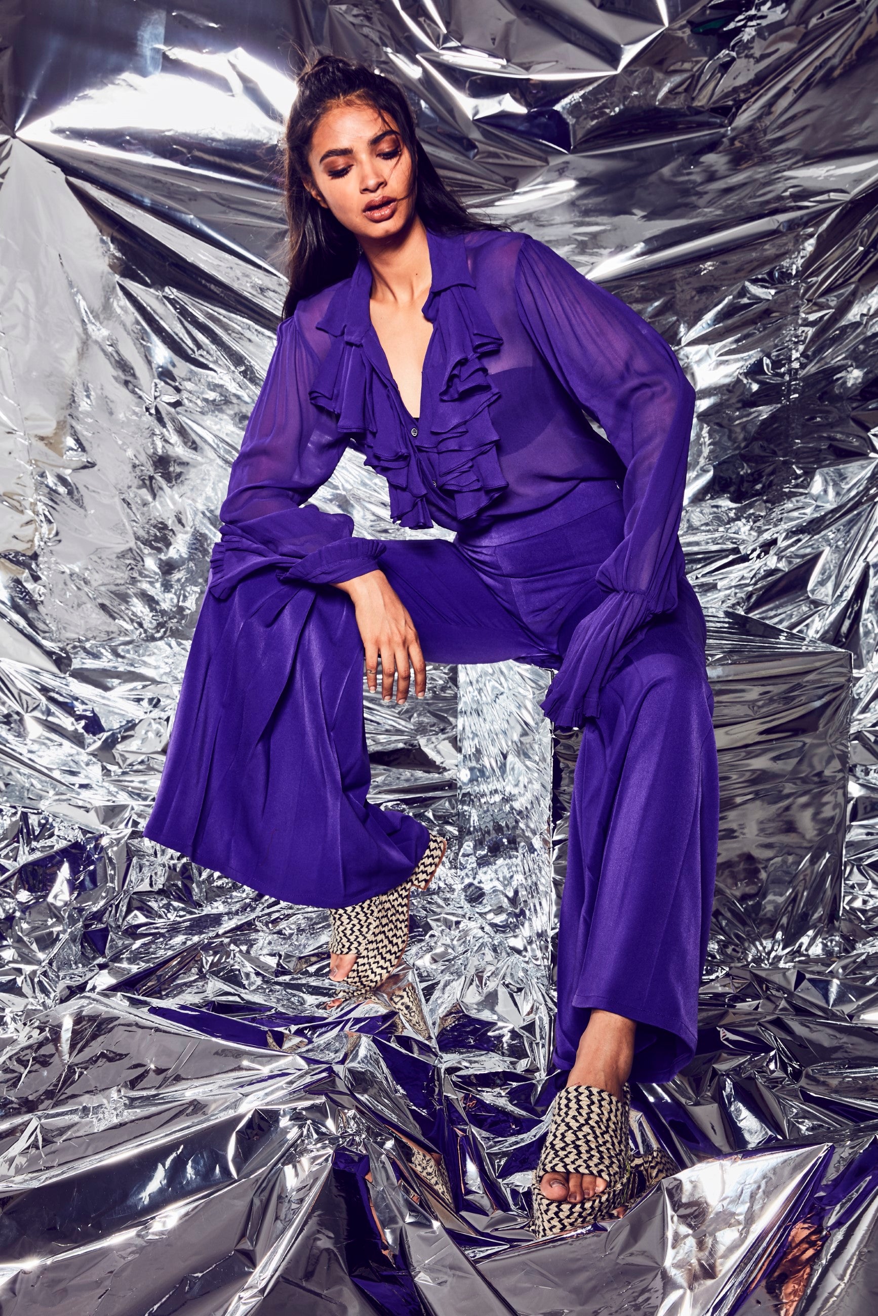 Ultraviolet Ruffle Blouse and Pleated Flare Pants