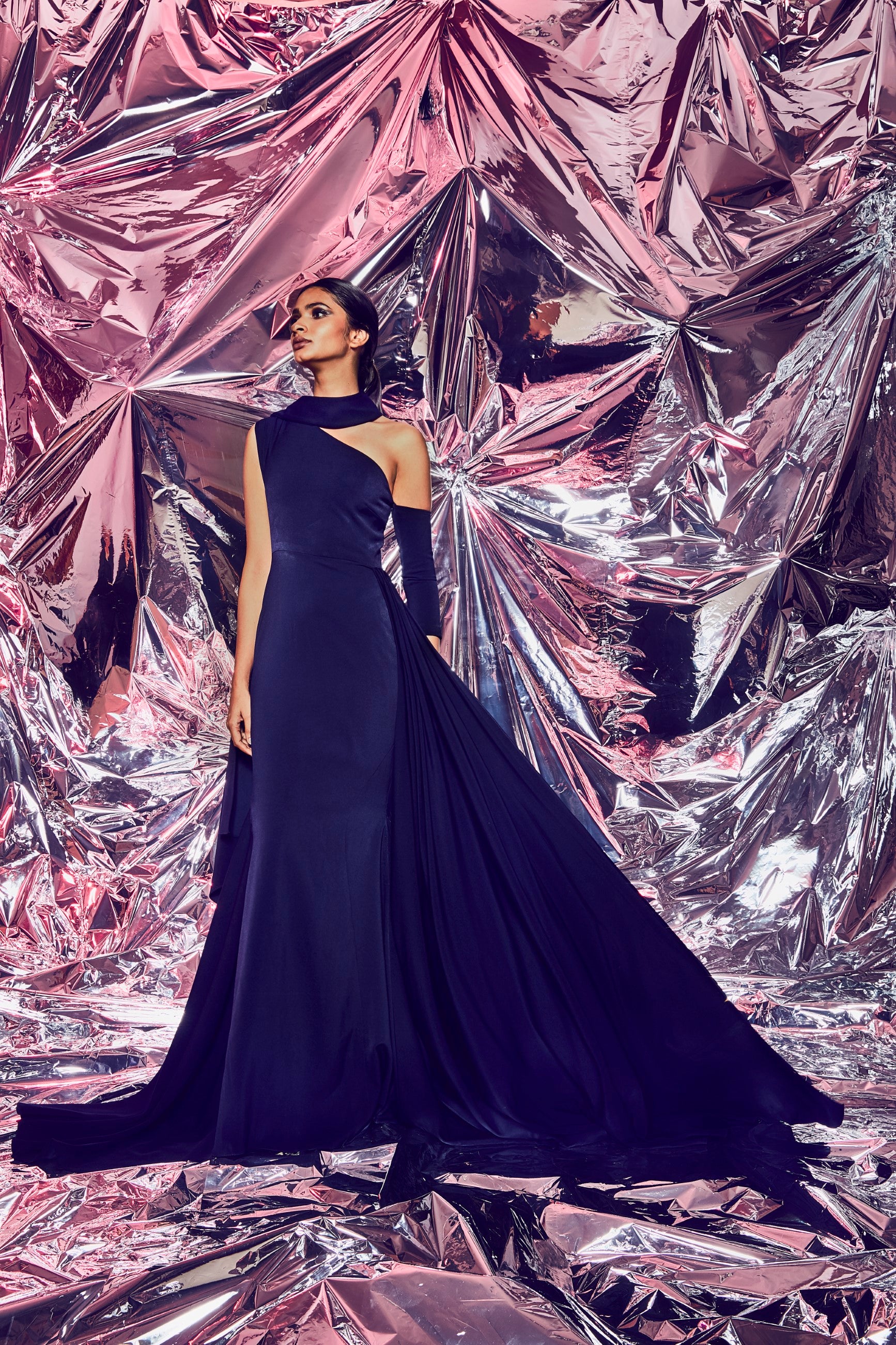 Midnight Blue One Shouder Drape Gown