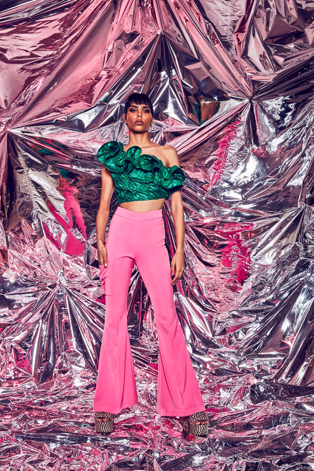 Metal Ruffle Blouse and Bubblegum Cargo Flare Pants