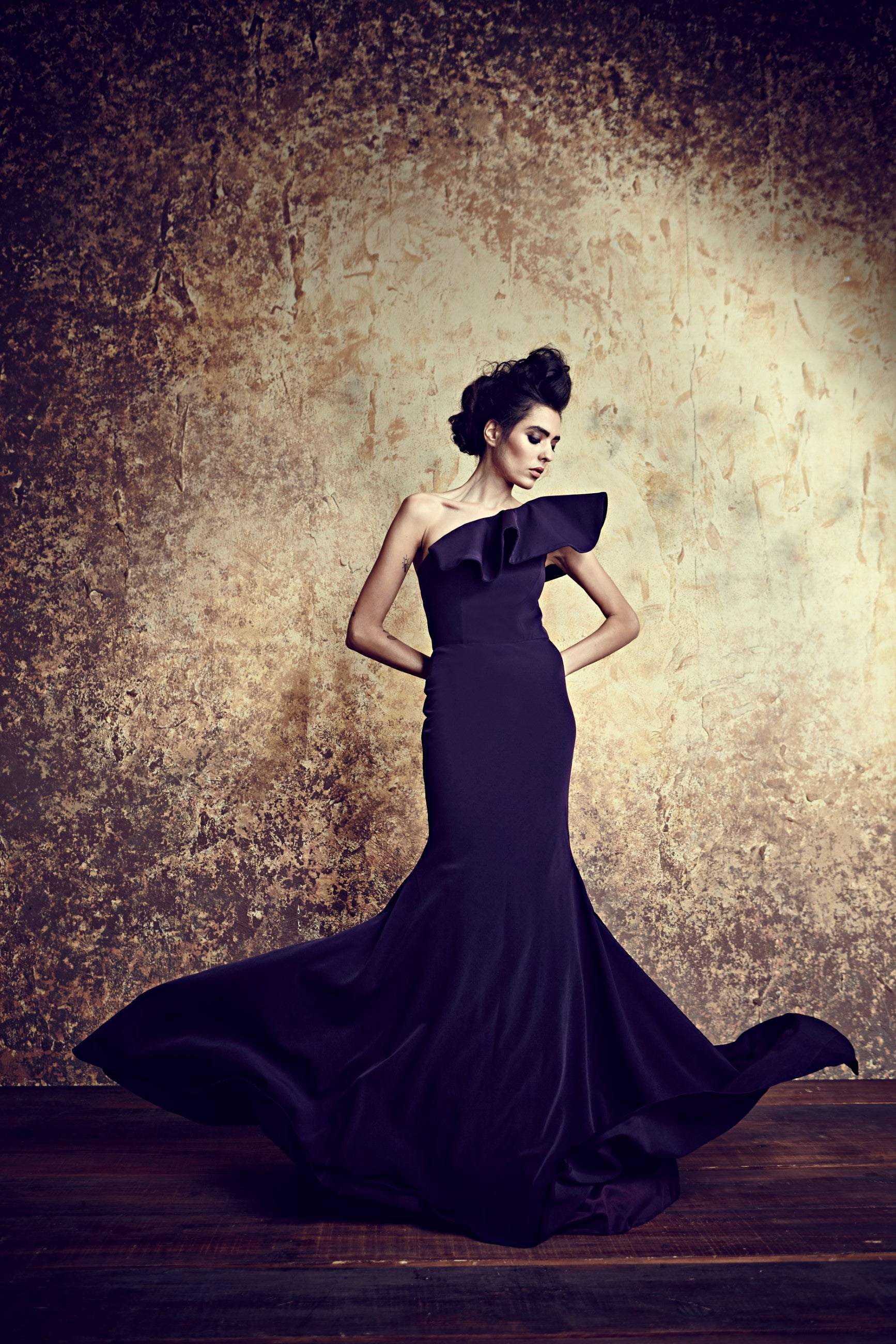 The Heliotrope One Shoulder Ruffle Gown