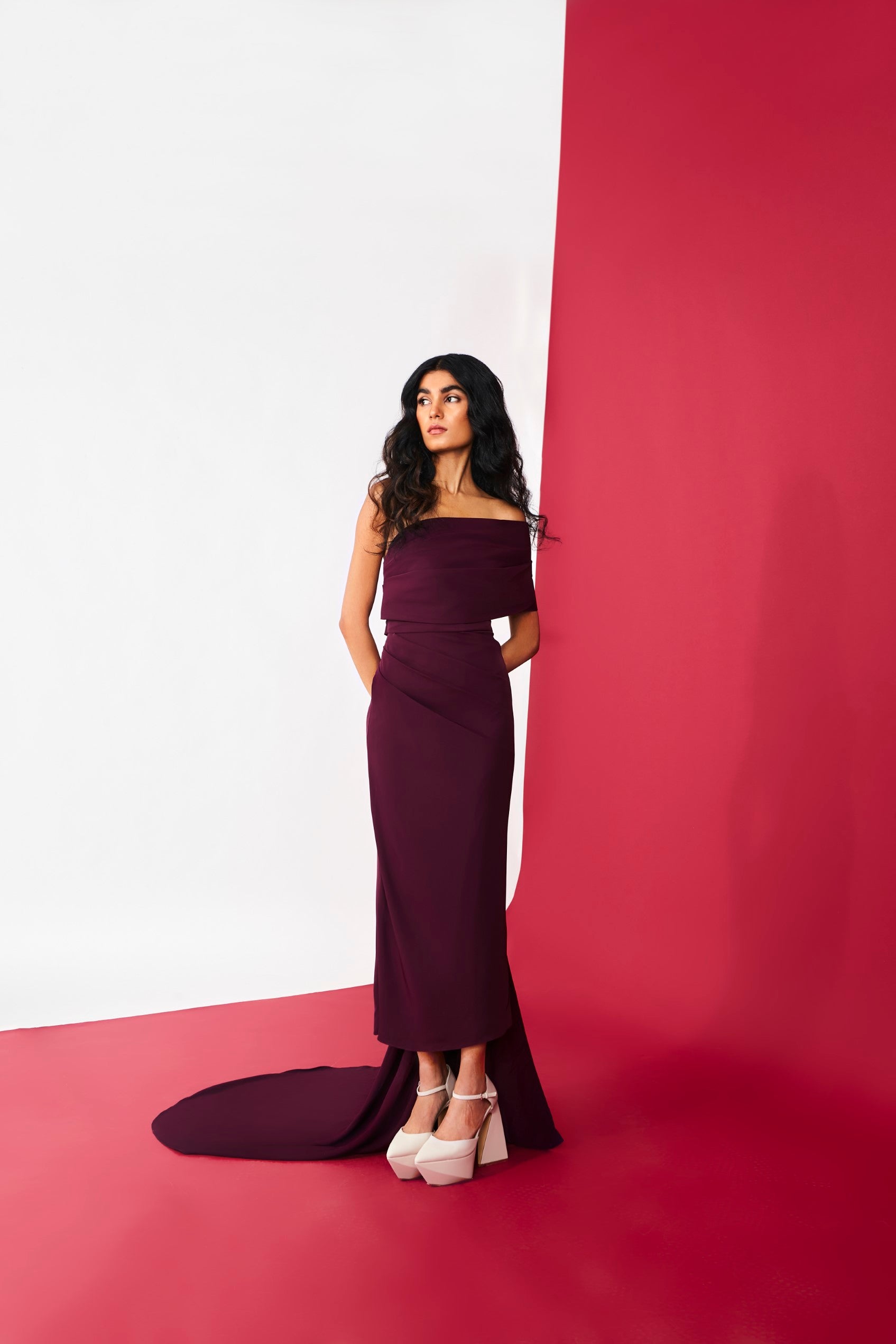 The Wine One Shoulder Drape Dress