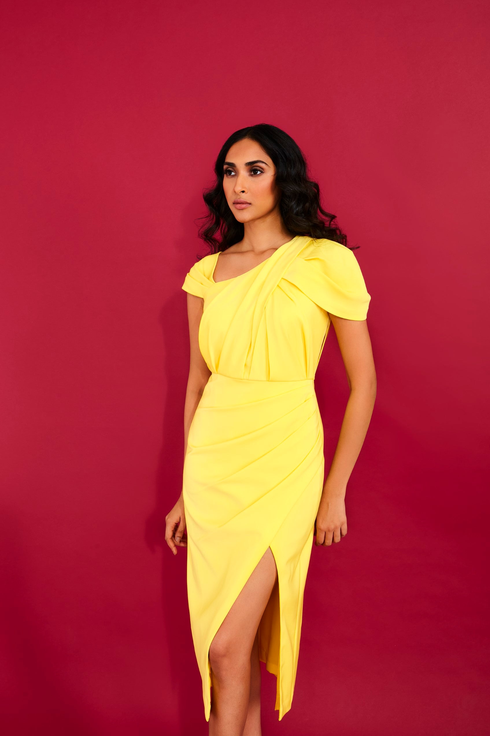 The Yellow Draped Pencil Dress