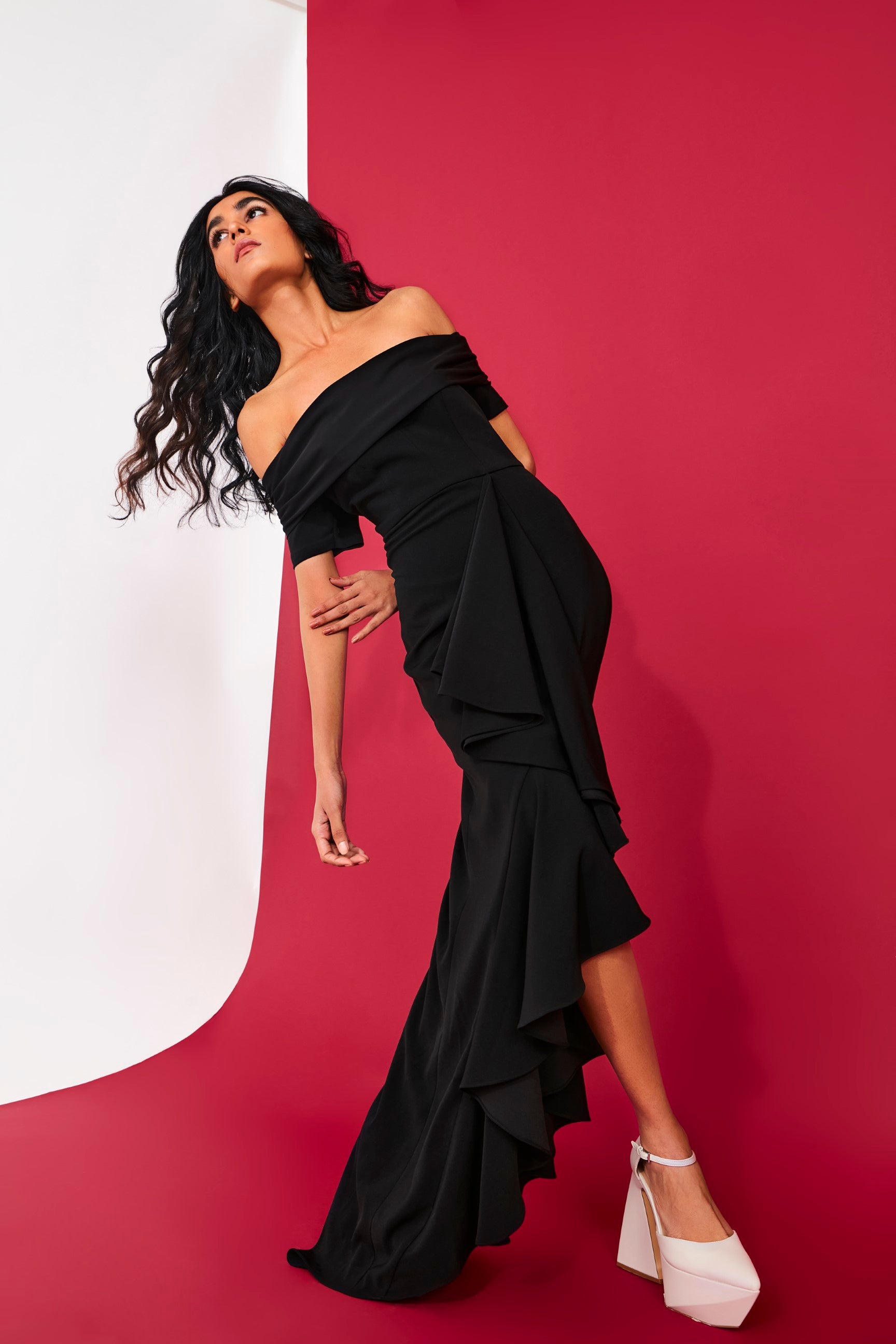 The Noir Ruffled Off Shoulder Dress